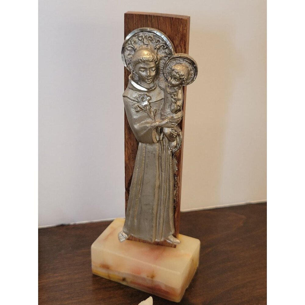 Vintage St. Anthony & Child Pewter Wood Marble Religious Figurine 5.75" Italy